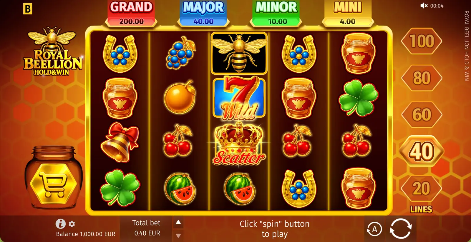 Juego base de Royal Beellion Hold and Win con fondo de panal dorado y el conjunto de símbolos de la reina abeja