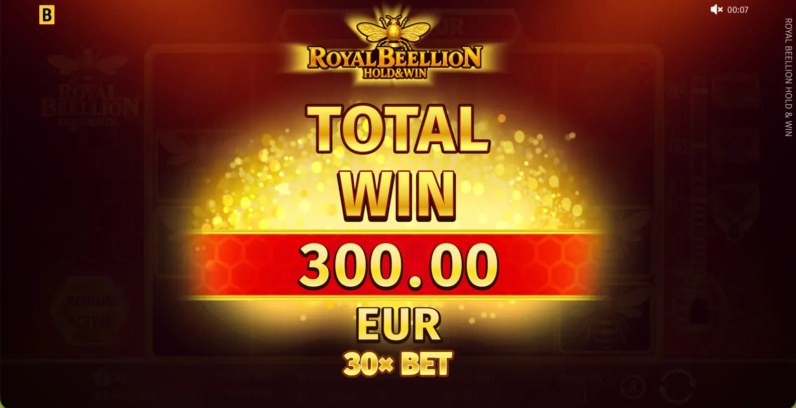 Pantalla de ganancia total de Royal Beellion Hold and Win con un premio de 300 EUR a x30 la apuesta