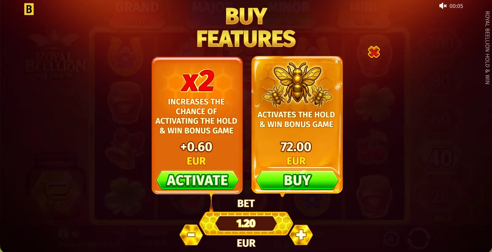 Pantalla de compra de funciones de Royal Beellion Hold and Win con la opción Chance x2 y el precio de la Compra de Bono